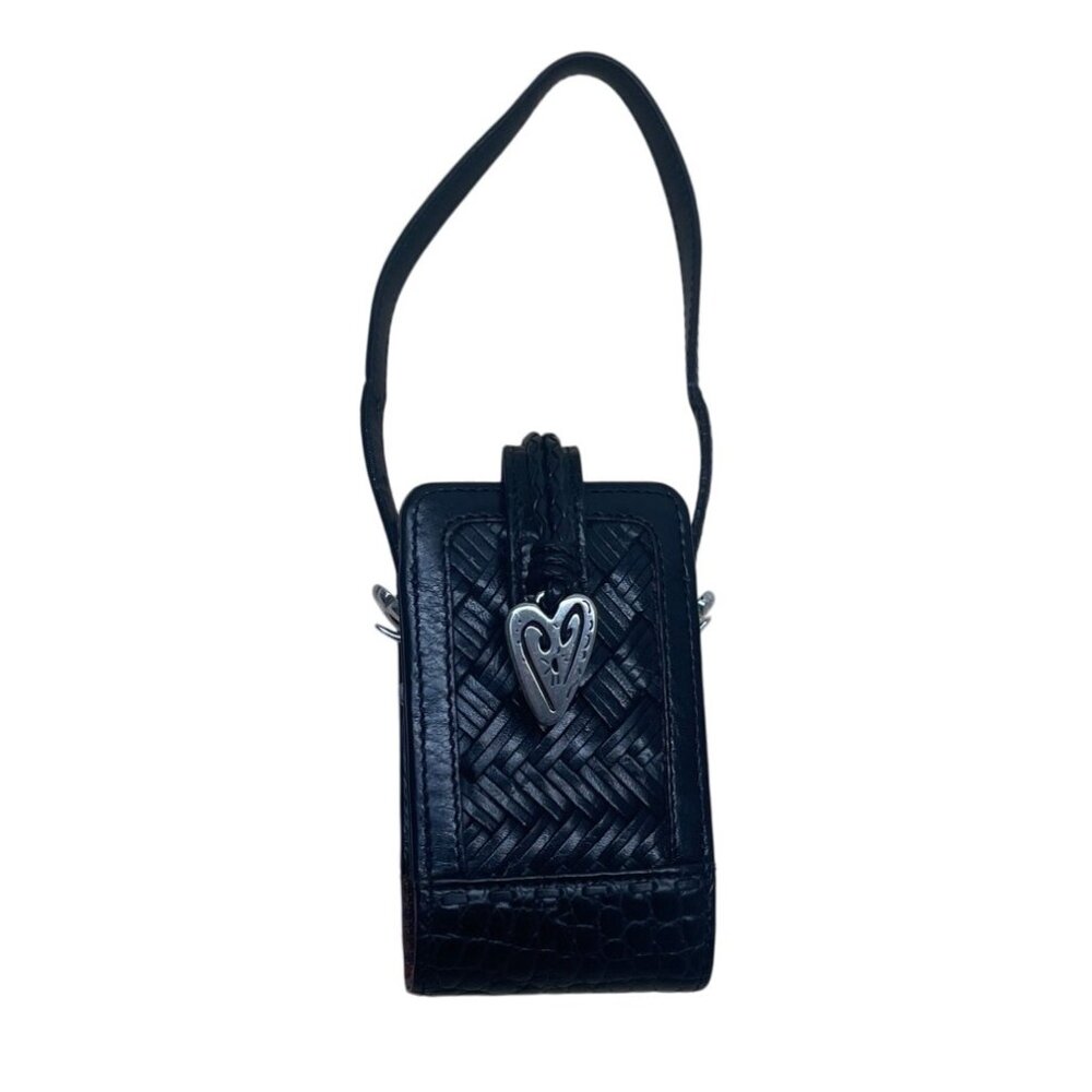 Brighton Black Woven Leather Plaid Interior & Silver Heart Accent Mini Bag Sz S